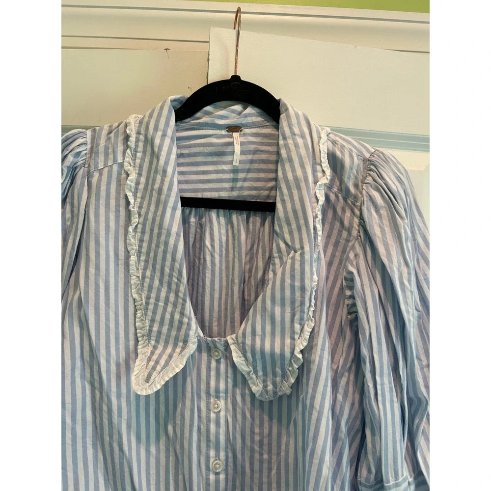 Free People Happy Days Pullover Blouse Striped‎ Oversized Collar Blue Size S